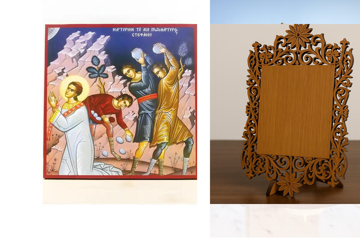 Σετ 2 τεμαχίων – Εικόνα Ορθοδοξίας Δαντέλα μαζι με  Βάση σε  8 χρώματα με περίγραμμα χρυσό σε ξύλο Plywood (Πλακάζ)   με  βάση Μαρτύριο του Αγίου Στεφάνου, Ξύλινη Χειροποίητη Εικόνα Ελληνικής Premium Βυζαντινού Στυλ Κρεμαστή σε Ξυλόπλακα Θρησκευτικό Θέμα