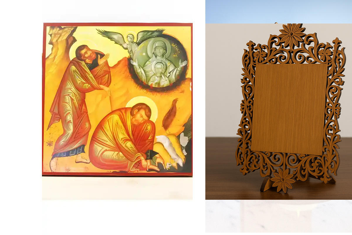 Σετ 2 τεμαχίων – Εικόνα Ορθοδοξίας Δαντέλα μαζι με  Βάση σε  8 χρώματα με περίγραμμα χρυσό σε ξύλο Plywood (Πλακάζ)   με  βάση Ο Προφήτης Μωυσής και ο Φλεγόμενος Θάμνος, Ξύλινη Χειροποίητη Εικόνα Ελληνικού Premium Βυζαντινού Στυλ Κρεμασμένο σε Ξυλόπλακα Θ