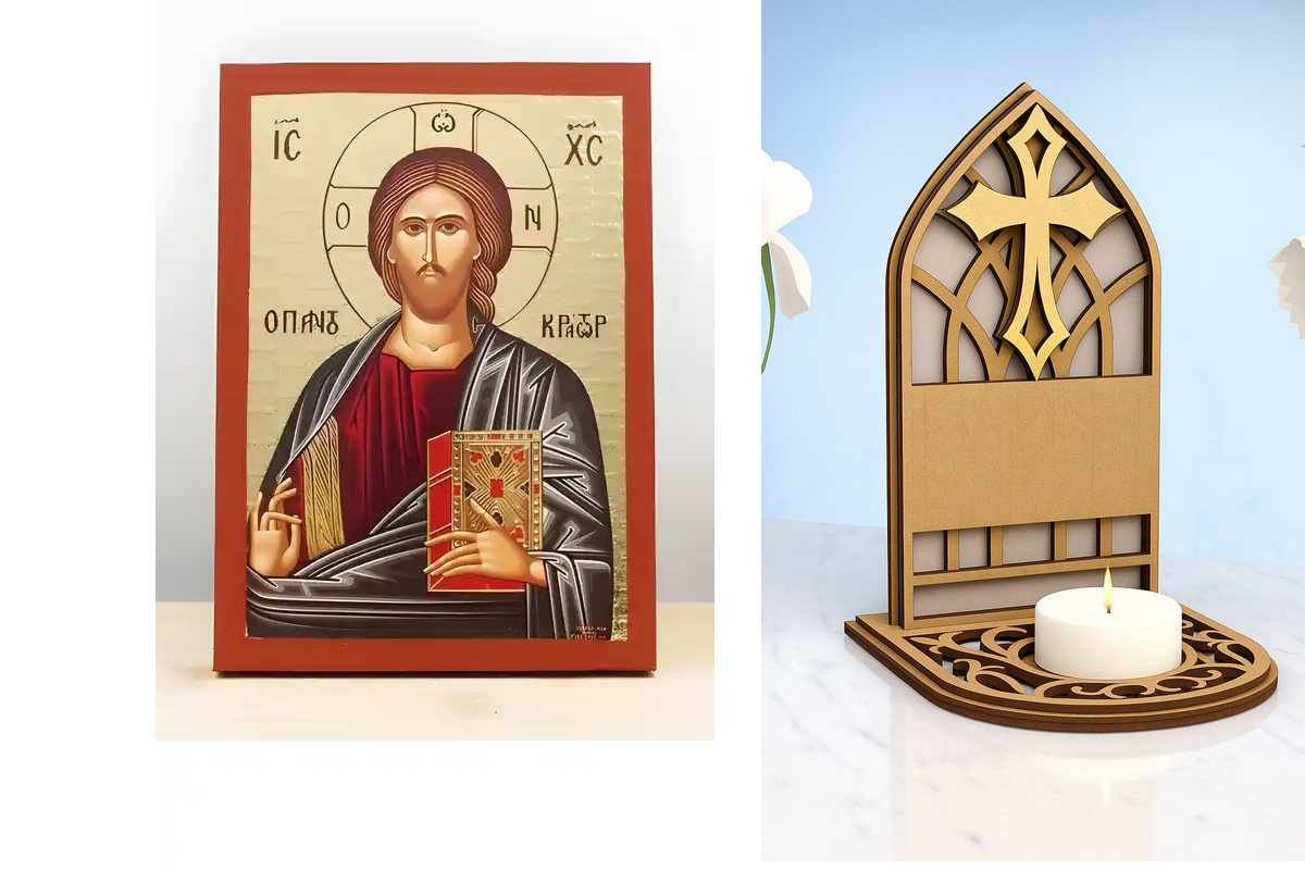 Εικόνα Ορθοδοξίας Καντηλάκι σε  8 χρώματα με περίγραμμα χρυσό σε ξύλο Plywood (Πλακάζ)   με  βάση Ιησούς Χριστός Παντοκράτορας, Ξύλινη Χειροποίητη Εικόνα με χρυσό φύλλο Χαρακτική σε Ελληνικό Premium Βυζαντινό Στυλ Τοίχος Κρεμαστό σε Ξύλινη Πλάκα Θρησκευτι