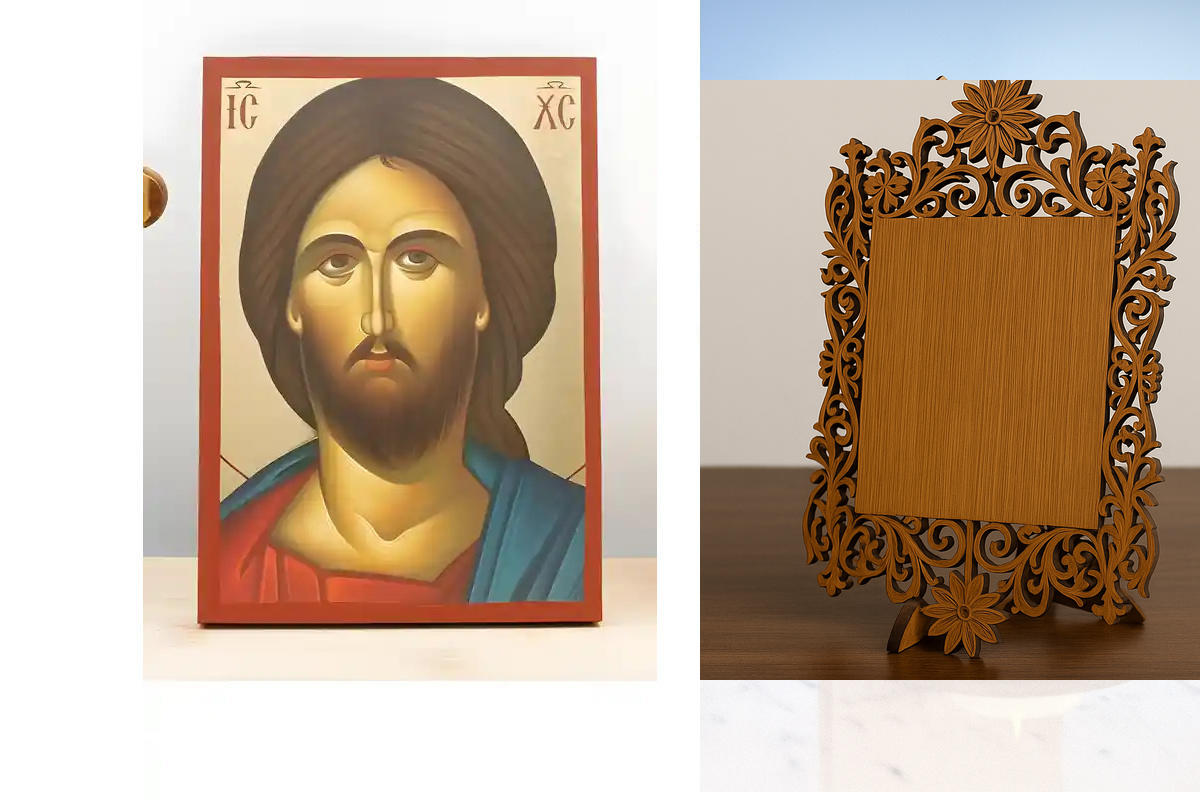 Σετ 2 τεμαχίων – Εικόνα Ορθοδοξίας Δαντέλα μαζι με  Βάση σε  8 χρώματα με περίγραμμα χρυσό σε ξύλο Plywood (Πλακάζ)   με  βάση Πορτρέτο του Ιησού Χριστού, Ξύλινη Χειροποίητη Εικόνα με Φύλλο Χρυσού Τοίχου Ελληνικού Premium Βυζαντινού Στυλ Κρεμασμένο σε ξύλ