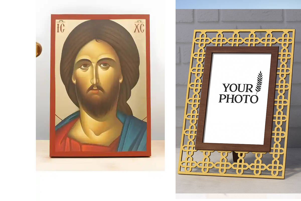 Εικόνα Ορθοδοξίας Πολυτελείας  με  σχεδιο Σταυρούς μαζι με  Βάση σε  8 χρώματα με περίγραμμα χρυσό σε ξύλο Plywood (Πλακάζ)   με  βάση Πορτρέτο του Ιησού Χριστού, Ξύλινη Χειροποίητη Εικόνα με Φύλλο Χρυσού Τοίχου Ελληνικού Premium Βυζαντινού Στυλ Κρεμασμέν