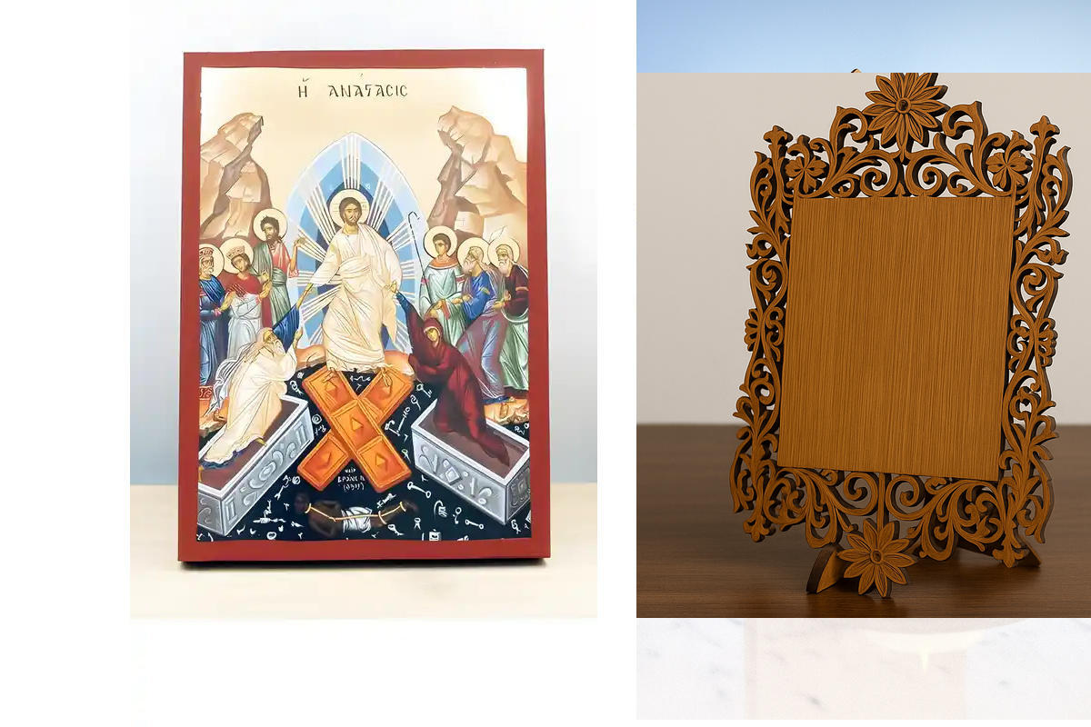 Σετ 2 τεμαχίων – Εικόνα Ορθοδοξίας Δαντέλα μαζι με  Βάση σε  8 χρώματα με περίγραμμα χρυσό σε ξύλο Plywood (Πλακάζ)   με  βάση Ανάσταση του Ιησού Χριστού, Ξύλινη Χειροποίητη Εικόνα με Φύλλο Χρυσού Τοίχου Ελληνικού Premium Βυζαντινού Στυλ Κρεμασμένο σε ξύλ