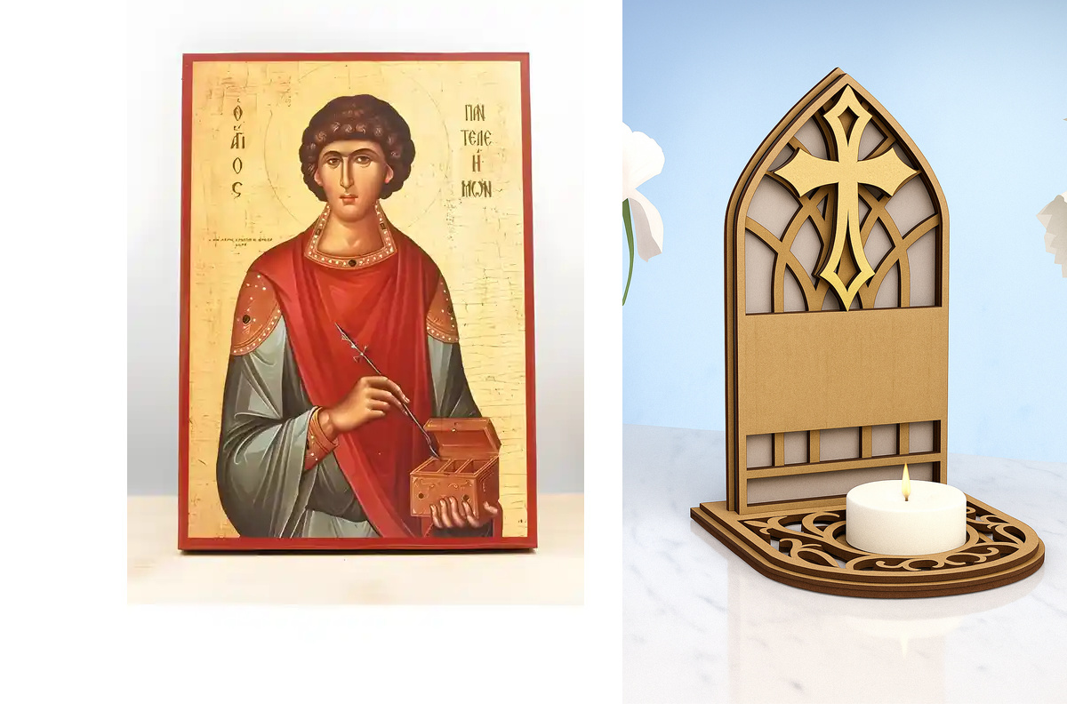 Εικόνα Ορθοδοξίας Καντηλάκι σε  8 χρώματα με περίγραμμα χρυσό σε ξύλο Plywood (Πλακάζ)   με  βάση Άγιος Παντελεήμονας ο Μεγαλομάρτυς, Ξύλινη Χειροποίητη Εικόνα Ελληνικού Βυζαντινού Στυλ Κρεμαστή σε ξύλινη πλάκα Χειροποίητη Ελληνορθόδοξη εικόνα του Ιησού Χ