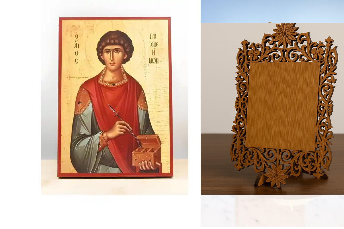 Εικόνα Ορθοδοξίας Δαντέλα μαζι με  Βάση σε  8 χρώματα με περίγραμμα χρυσό σε ξύλο Plywood (Πλακάζ)   με  βάση Άγιος Παντελεήμονας ο Μεγαλομάρτυς, Ξύλινη Χειροποίητη Εικόνα Ελληνικού Βυζαντινού Στυλ Κρεμαστή σε ξύλινη πλάκα Χειροποίητη Ελληνορθόδοξη εικόνα