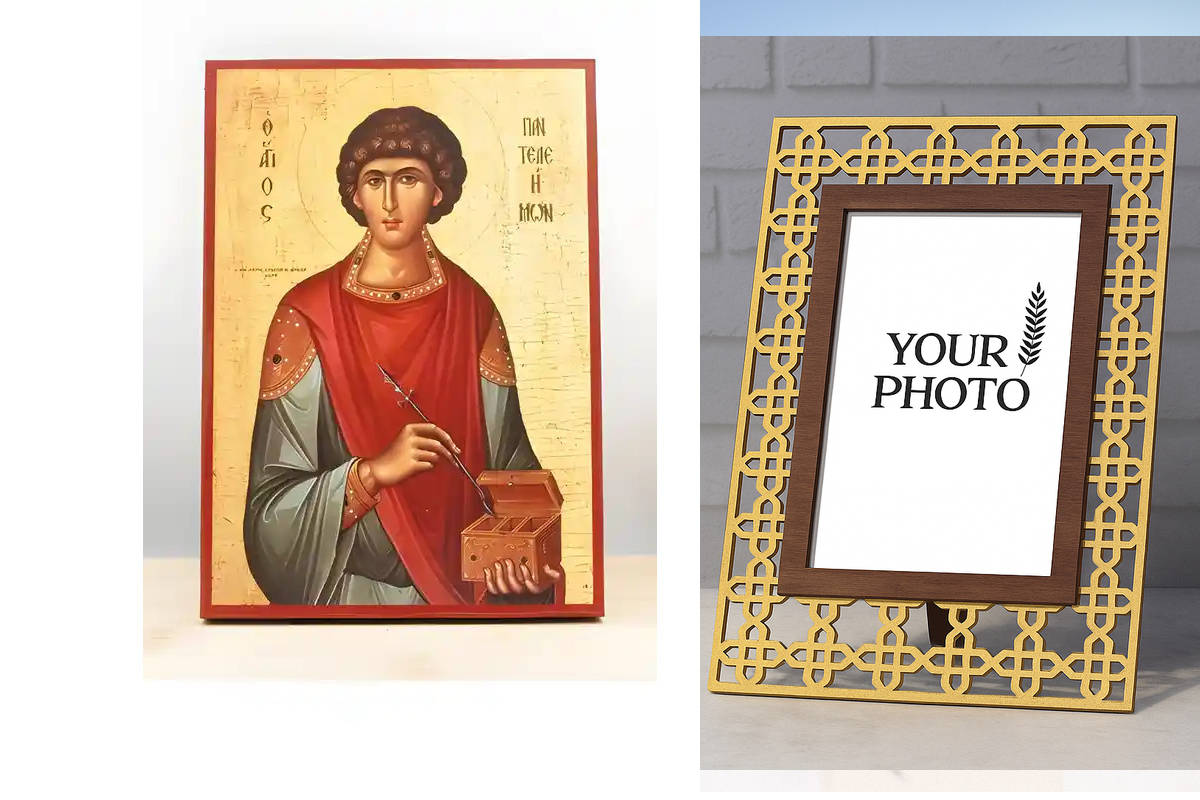 Εικόνα Ορθοδοξίας Πολυτελείας  με  σχεδιο Σταυρούς μαζι με  Βάση σε  8 χρώματα με περίγραμμα χρυσό σε ξύλο Plywood (Πλακάζ)   με  βάση Άγιος Παντελεήμονας ο Μεγαλομάρτυς, Ξύλινη Χειροποίητη Εικόνα Ελληνικού Βυζαντινού Στυλ Κρεμαστή σε ξύλινη πλάκα Χειροπο