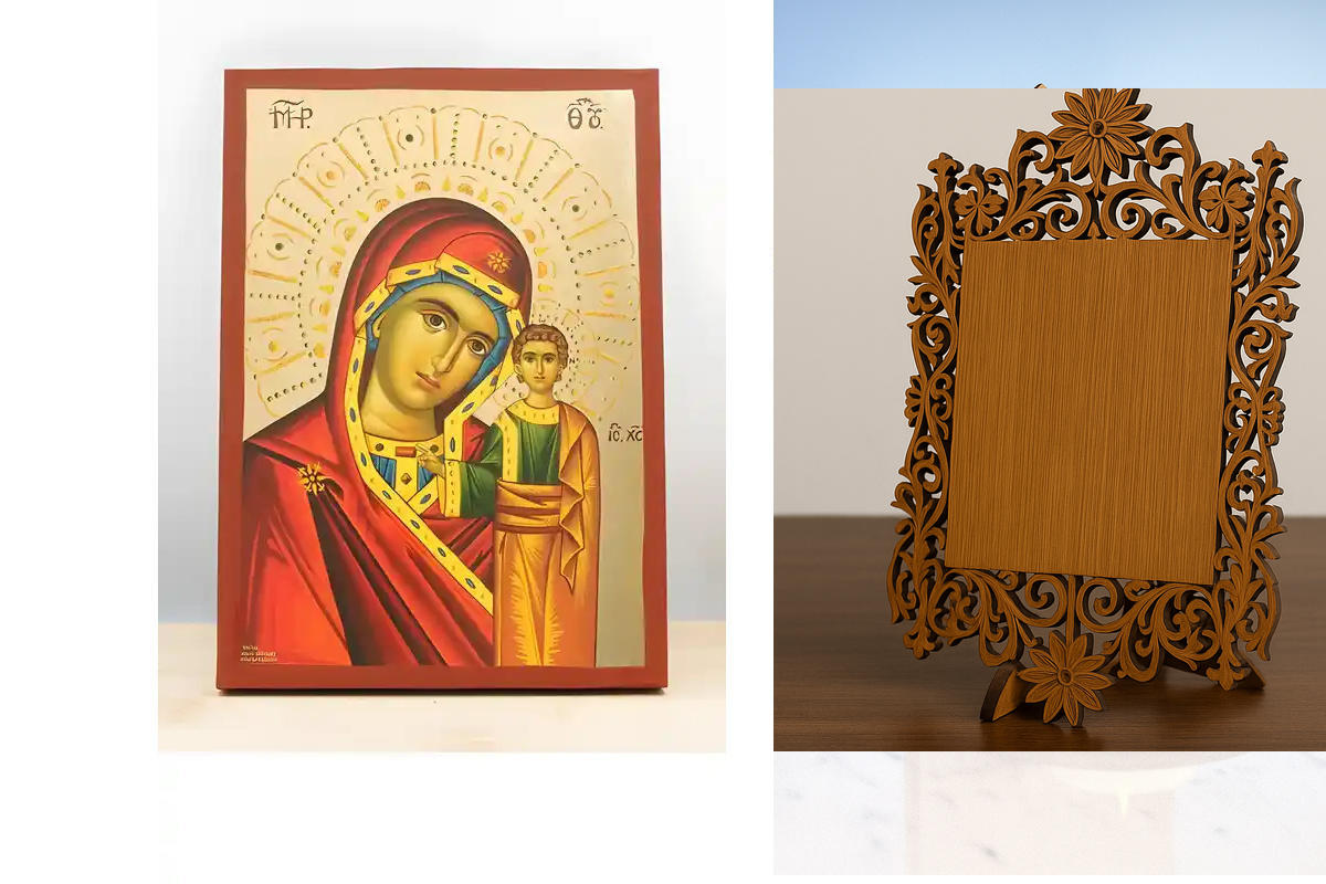 Σετ 2 τεμαχίων – Εικόνα Ορθοδοξίας Δαντέλα μαζι με  Βάση σε  8 χρώματα με περίγραμμα χρυσό σε ξύλο Plywood (Πλακάζ)   με  βάση Παναγία του Καζάν με τον Ιησού, Ξύλινη Χειροποίητη Εικόνα με Φύλλο Χρυσού Ελληνικού Premium Βυζαντινού Στυλ Κρεμαστό στον τοίχο
