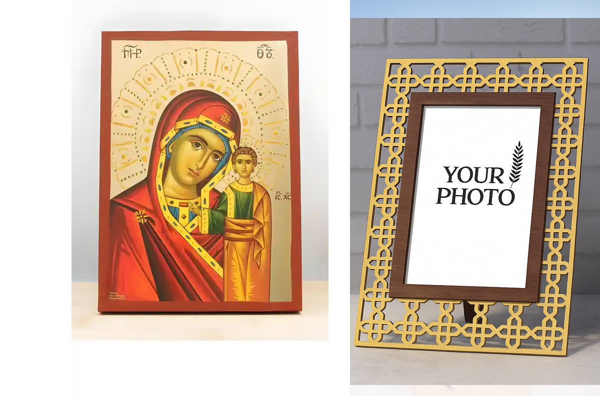 Εικόνα Ορθοδοξίας Πολυτελείας  με  σχεδιο Σταυρούς μαζι με  Βάση σε  8 χρώματα με περίγραμμα χρυσό σε ξύλο Plywood (Πλακάζ)   με  βάση Παναγία του Καζάν με τον Ιησού, Ξύλινη Χειροποίητη Εικόνα με Φύλλο Χρυσού Ελληνικού Premium Βυζαντινού Στυλ Κρεμαστό στο