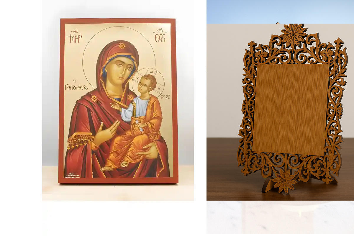 Σετ 2 τεμαχίων – Εικόνα Ορθοδοξίας Δαντέλα μαζι με  Βάση σε  8 χρώματα με περίγραμμα χρυσό σε ξύλο Plywood (Πλακάζ)   με  βάση Παναγία Οδηγήτρια "Γρηγορούσα" με τον Ιησού, Ξύλινη Χειροποίητη Εικόνα με Αλουμινόχαρτο Ελληνικής Βυζαντινής Στυλ επιτοίχιας Χει