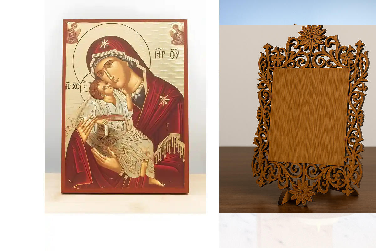 Εικόνα Ορθοδοξίας Δαντέλα μαζι με  Βάση σε  8 χρώματα με περίγραμμα χρυσό σε ξύλο Plywood (Πλακάζ)   με  βάση Παναγία Γλυκό Φιλί «Γλυκοφιλούσα» με τον Ιησού, Ξύλινη Χειροποίητη Εικόνα με Χαρακτική Ελληνική Βυζαντινού Στυλ τοίχου Χειροποίητη Ελληνορθόδοξη