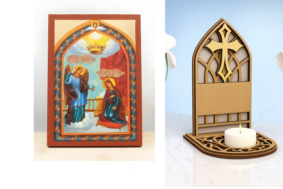 Εικόνα Ορθοδοξίας Καντηλάκι σε  8 χρώματα με περίγραμμα χρυσό σε ξύλο Plywood (Πλακάζ)   με  βάση Ο Ευαγγελισμός της Θεοτόκου "Τήνος", Ξύλινη Χειροποίητη Εικόνα με Φύλλο Χρυσού Ελληνικού Premium Βυζαντινού Στυλ Επιτοίχια Θρησκευτικό Θέμα Χειροποίητη Ελλην