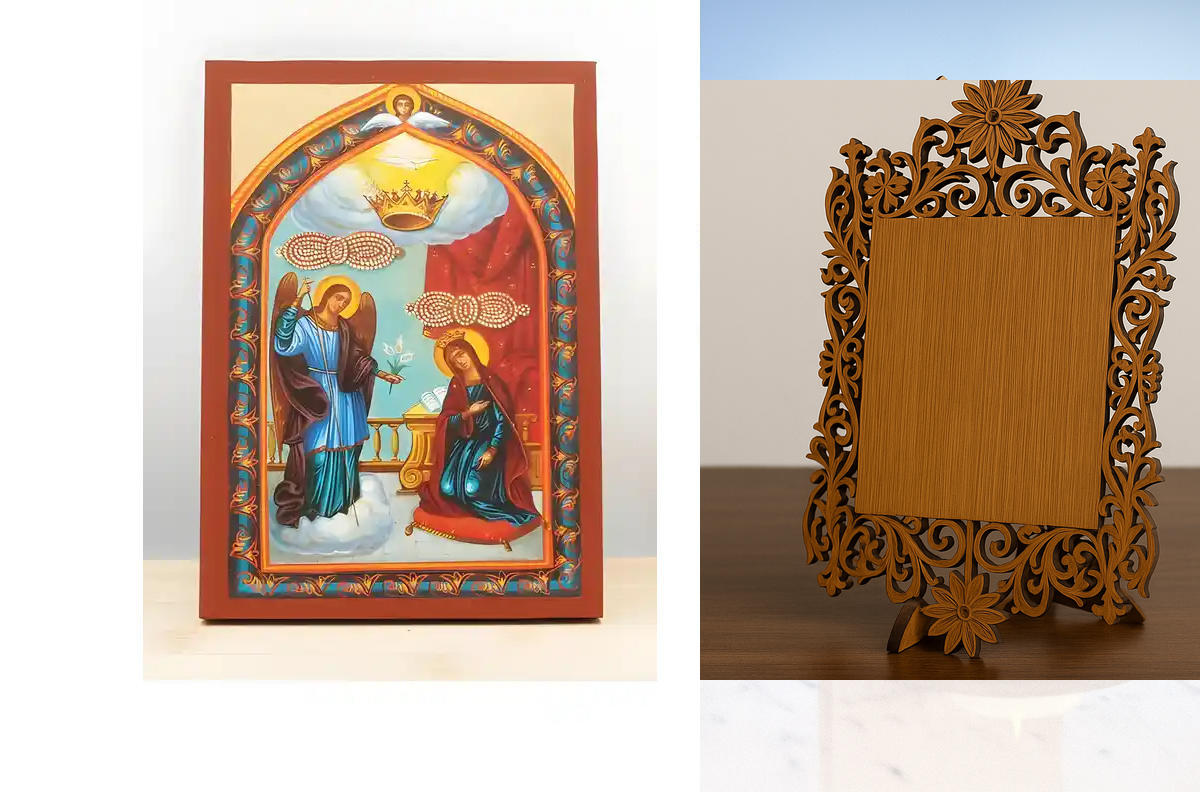 Σετ 2 τεμαχίων – Εικόνα Ορθοδοξίας Δαντέλα μαζι με  Βάση σε  8 χρώματα με περίγραμμα χρυσό σε ξύλο Plywood (Πλακάζ)   με  βάση Ο Ευαγγελισμός της Θεοτόκου "Τήνος", Ξύλινη Χειροποίητη Εικόνα με Φύλλο Χρυσού Ελληνικού Premium Βυζαντινού Στυλ Επιτοίχια Θρησκ