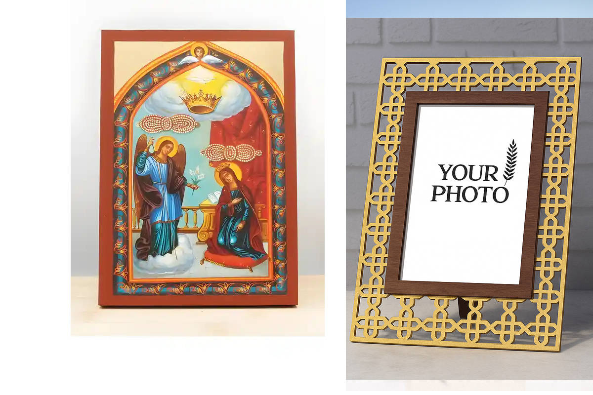 Εικόνα Ορθοδοξίας Πολυτελείας  με  σχεδιο Σταυρούς μαζι με  Βάση σε  8 χρώματα με περίγραμμα χρυσό σε ξύλο Plywood (Πλακάζ)   με  βάση Ο Ευαγγελισμός της Θεοτόκου "Τήνος", Ξύλινη Χειροποίητη Εικόνα με Φύλλο Χρυσού Ελληνικού Premium Βυζαντινού Στυλ Επιτοίχ