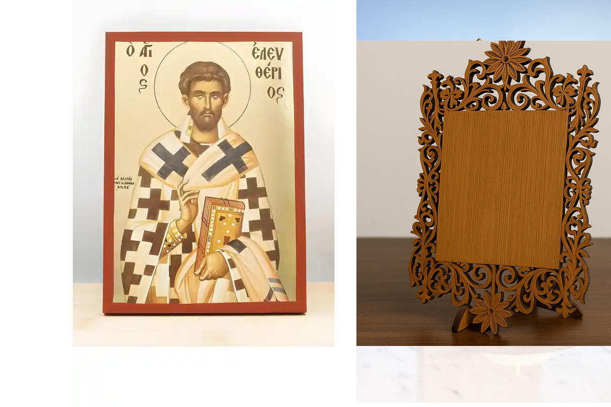 Εικόνα Ορθοδοξίας Δαντέλα μαζι με  Βάση σε  8 χρώματα με περίγραμμα χρυσό σε ξύλο Plywood (Πλακάζ)   με  βάση Άγιος Ελευθέριος της Ιλλυρίας, Ξύλινη Χειροποίητη Εικόνα με χρυσό φύλλο Ελληνικού βυζαντινού ύφους επιτοίχια θρησκευτικό θέμα Χειροποίητη Ελληνορ