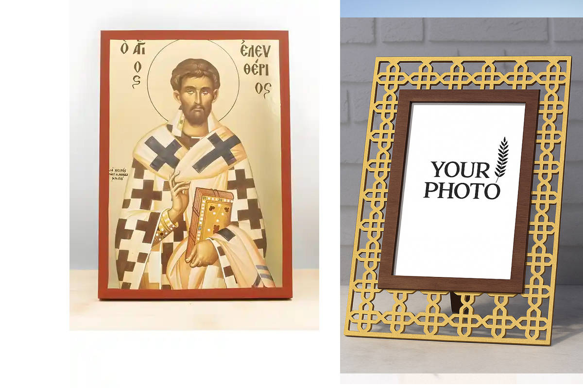 Εικόνα Ορθοδοξίας Πολυτελείας  με  σχεδιο Σταυρούς μαζι με  Βάση σε  8 χρώματα με περίγραμμα χρυσό σε ξύλο Plywood (Πλακάζ)   με  βάση Άγιος Ελευθέριος της Ιλλυρίας, Ξύλινη Χειροποίητη Εικόνα με χρυσό φύλλο Ελληνικού βυζαντινού ύφους επιτοίχια θρησκευτικό