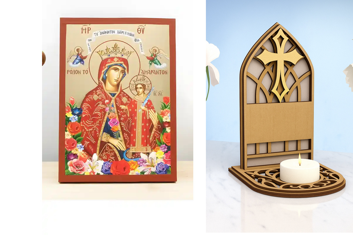 Εικόνα Ορθοδοξίας Καντηλάκι σε  8 χρώματα με περίγραμμα χρυσό σε ξύλο Plywood (Πλακάζ)   με  βάση Παναγία τα Αξεθώρια Τριαντάφυλλα με τον Ιησού, Ξύλινη Χειροποίητη Εικόνα με Ψηφιακή Εκτύπωση Ελληνικό Premium Βυζαντινού Στυλ Κρεμαστό τοίχου Θρησκευτικά Χει