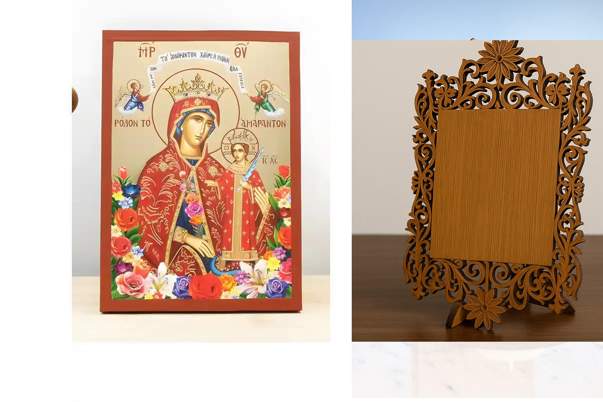 Εικόνα Ορθοδοξίας Δαντέλα μαζι με  Βάση σε  8 χρώματα με περίγραμμα χρυσό σε ξύλο Plywood (Πλακάζ)   με  βάση Παναγία τα Αξεθώρια Τριαντάφυλλα με τον Ιησού, Ξύλινη Χειροποίητη Εικόνα με Ψηφιακή Εκτύπωση Ελληνικό Premium Βυζαντινού Στυλ Κρεμαστό τοίχου Θρη