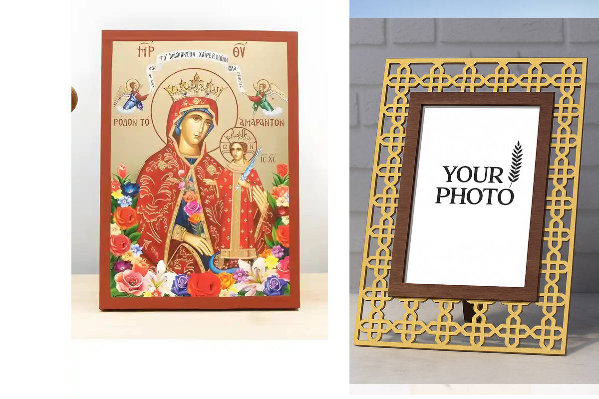 Εικόνα Ορθοδοξίας Πολυτελείας  με  σχεδιο Σταυρούς μαζι με  Βάση σε  8 χρώματα με περίγραμμα χρυσό σε ξύλο Plywood (Πλακάζ)   με  βάση Παναγία τα Αξεθώρια Τριαντάφυλλα με τον Ιησού, Ξύλινη Χειροποίητη Εικόνα με Ψηφιακή Εκτύπωση Ελληνικό Premium Βυζαντινού