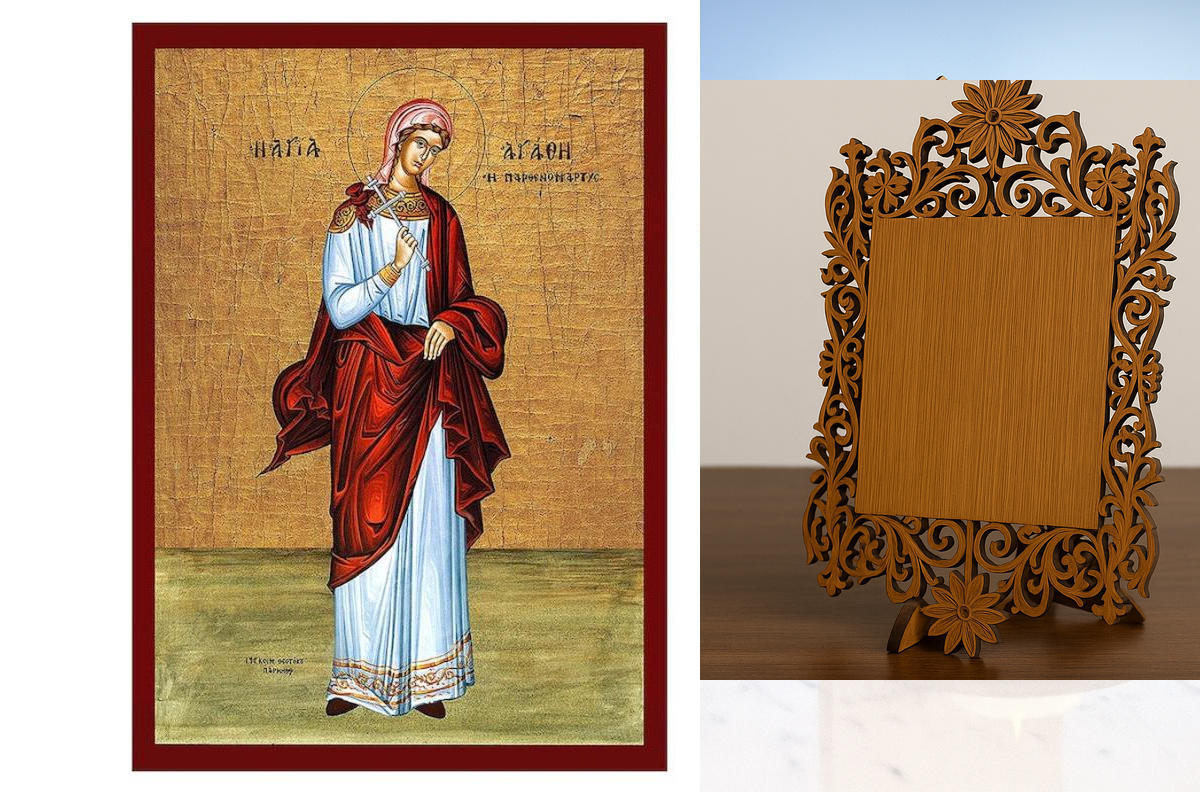 Σετ 2 τεμαχίων – Εικόνα Ορθοδοξίας Δαντέλα μαζι με  Βάση σε  8 χρώματα με περίγραμμα χρυσό σε ξύλο Plywood (Πλακάζ)   με  βάση Εικόνα Αγίας Αγάθας της Σικελίας, Χειροποίητη ελληνική εικόνα της Αγίας Αγάθας της Σικελίας, επιτοίχια πλάκα βυζαντινής τέχνης,