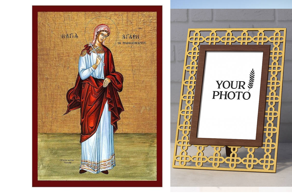 Εικόνα Ορθοδοξίας Πολυτελείας  με  σχεδιο Σταυρούς μαζι με  Βάση σε  8 χρώματα με περίγραμμα χρυσό σε ξύλο Plywood (Πλακάζ)   με  βάση Εικόνα Αγίας Αγάθας της Σικελίας, Χειροποίητη ελληνική εικόνα της Αγίας Αγάθας της Σικελίας, επιτοίχια πλάκα βυζαντινής