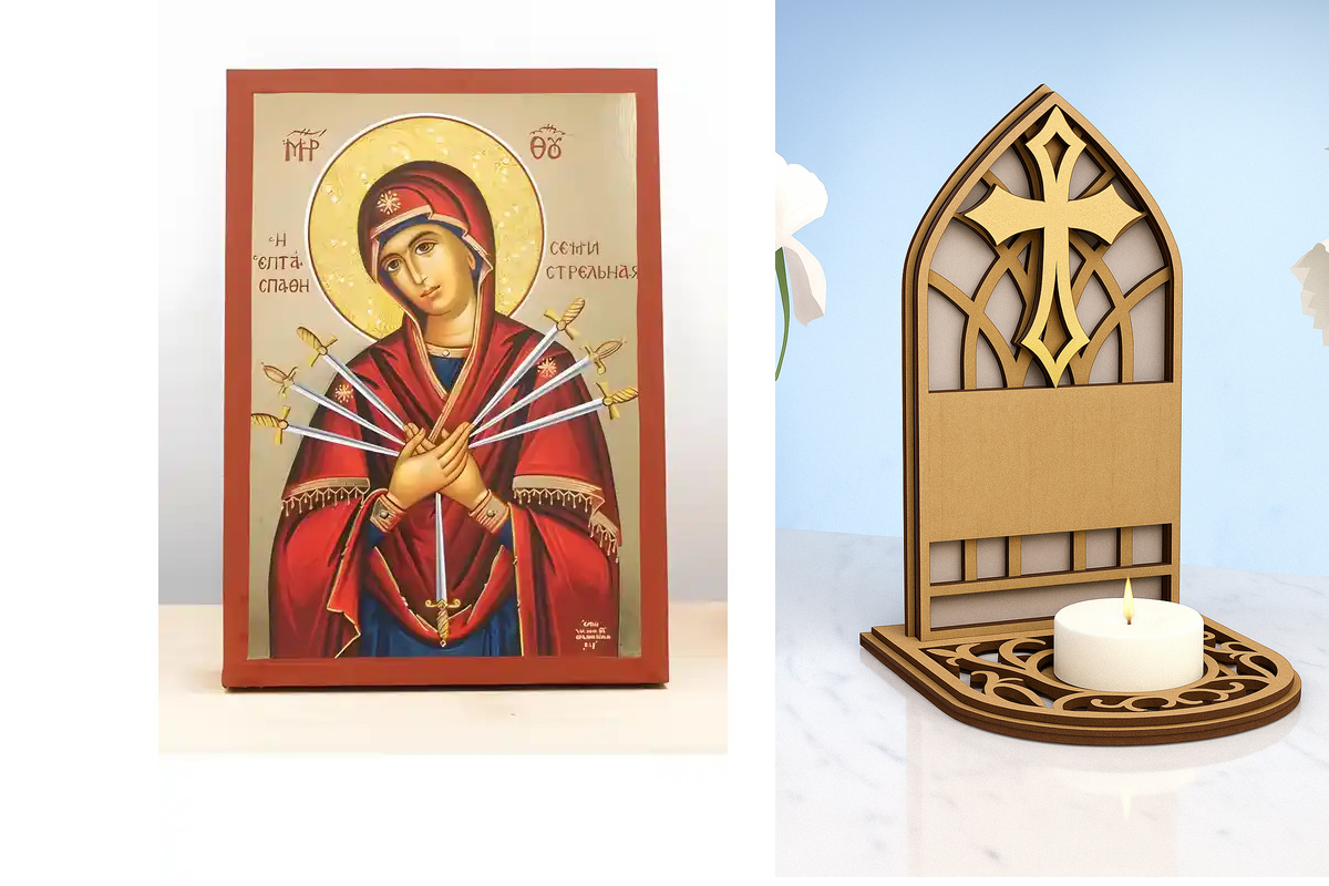 Εικόνα Ορθοδοξίας Καντηλάκι σε  8 χρώματα με περίγραμμα χρυσό σε ξύλο Plywood (Πλακάζ)   με  βάση Παναγία των Θλίψεων «Μαλακτικό των Καρδιών» Επταξίφη, Ξύλινη Χειροποίητη Εικόνα με Αλουμινόχαρτο Ελληνικού Βυζαντινού Στυλ τοίχου Χειροποίητη Ελληνορθόδοξη ε