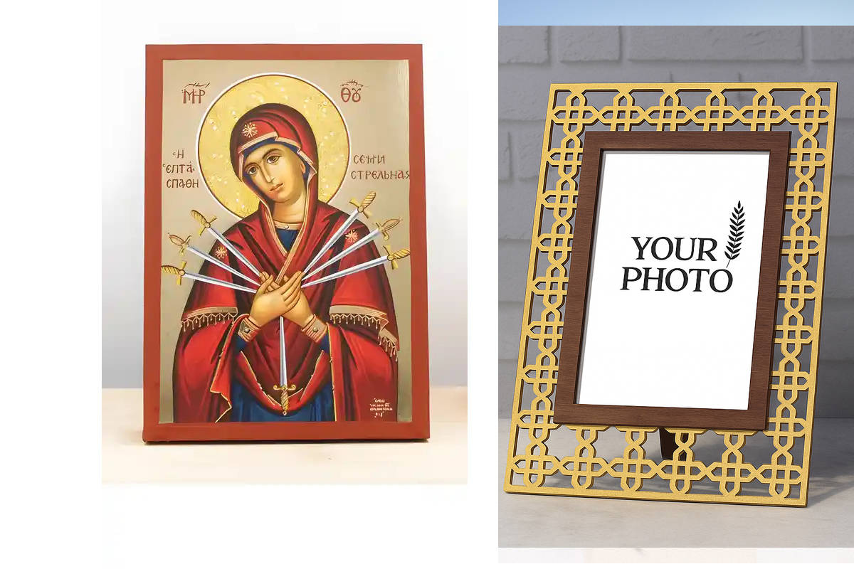 Εικόνα Ορθοδοξίας Πολυτελείας  με  σχεδιο Σταυρούς μαζι με  Βάση σε  8 χρώματα με περίγραμμα χρυσό σε ξύλο Plywood (Πλακάζ)   με  βάση Παναγία των Θλίψεων «Μαλακτικό των Καρδιών» Επταξίφη, Ξύλινη Χειροποίητη Εικόνα με Αλουμινόχαρτο Ελληνικού Βυζαντινού Στ