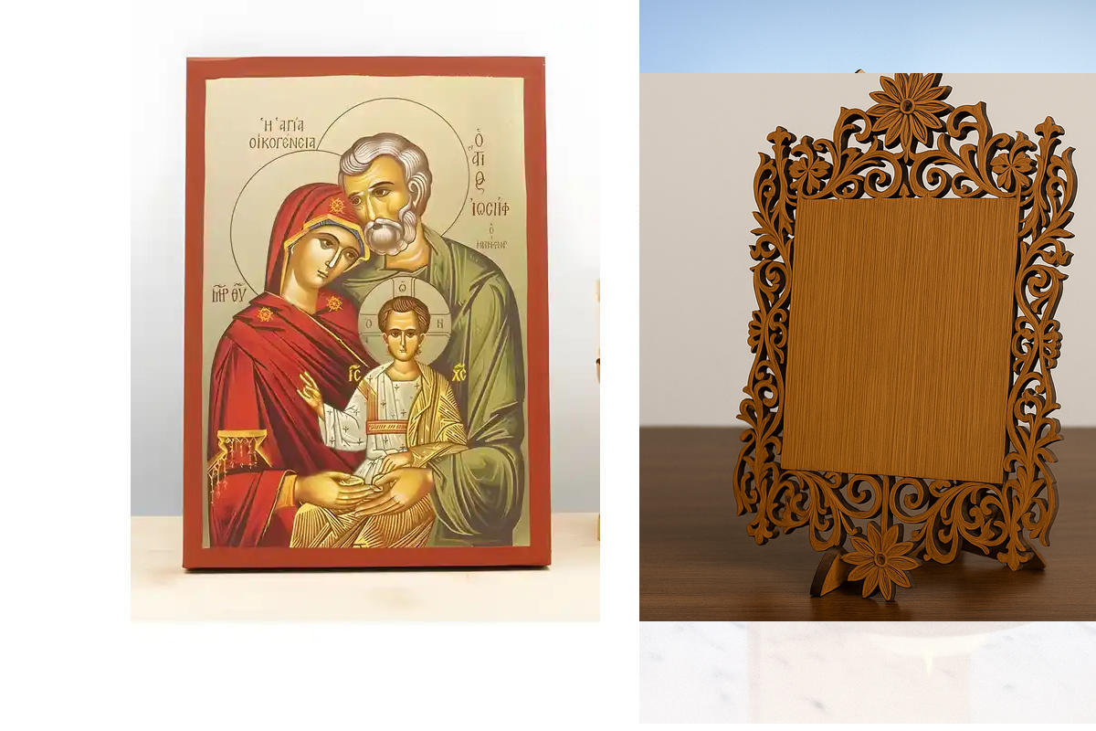 Σετ 2 τεμαχίων – Εικόνα Ορθοδοξίας Δαντέλα μαζι με  Βάση σε  8 χρώματα με περίγραμμα χρυσό σε ξύλο Plywood (Πλακάζ)   με  βάση Αγία Αγία Οικογένεια, Ξύλινη Χειροποίητη Εικόνα με Ψηφιακή Εκτύπωση Ελληνικό Premium Βυζαντινού Στυλ Κρεμασμένο σε ξύλινη πλάκα