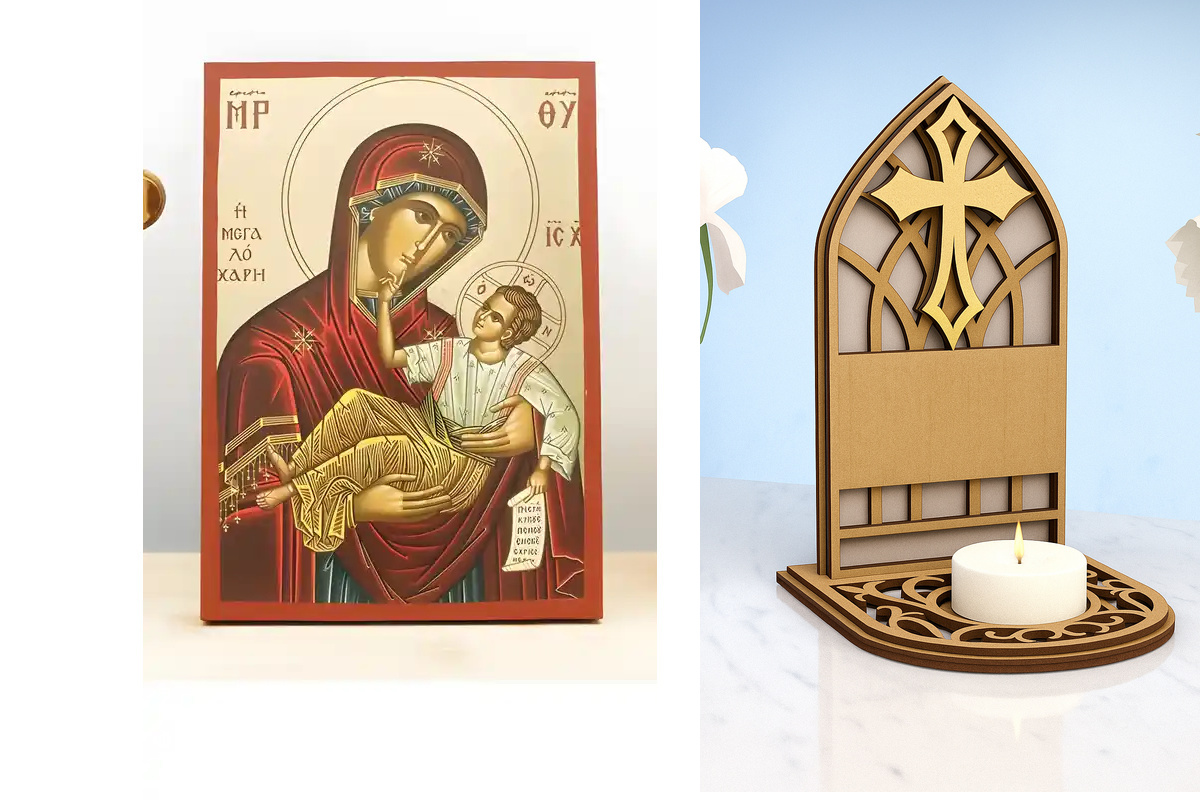 Εικόνα Ορθοδοξίας Καντηλάκι σε  8 χρώματα με περίγραμμα χρυσό σε ξύλο Plywood (Πλακάζ)   με  βάση Παναγία της Μεγάλης Χάριτος "Μεγαλόχαρη" με τον Ιησού, Ξύλινη Χειροποίητη Εικόνα με Αλουμινόχαρτο Ελληνικό Premium Βυζαντινό Στυλ Κρεμαστό Θρησκευτικό Χειροπ