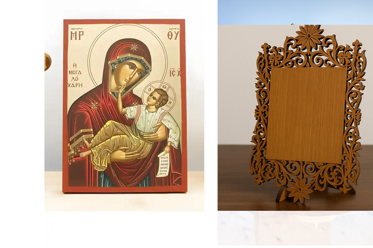 Σετ 2 τεμαχίων – Εικόνα Ορθοδοξίας Δαντέλα μαζι με  Βάση σε  8 χρώματα με περίγραμμα χρυσό σε ξύλο Plywood (Πλακάζ)   με  βάση Παναγία της Μεγάλης Χάριτος "Μεγαλόχαρη" με τον Ιησού, Ξύλινη Χειροποίητη Εικόνα με Αλουμινόχαρτο Ελληνικό Premium Βυζαντινό Στυ