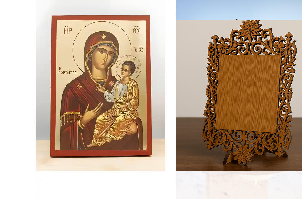 Σετ 2 τεμαχίων – Εικόνα Ορθοδοξίας Δαντέλα μαζι με  Βάση σε  8 χρώματα με περίγραμμα χρυσό σε ξύλο Plywood (Πλακάζ)   με  βάση Παναγία Οδηγήτρια «Πορταΐτισσα» με τον Ιησού, Ξύλινη Χειροποίητη Εικόνα με Φύλλο Χρυσού Ελληνικού Premium Βυζαντινού Στυλ Επιτοί