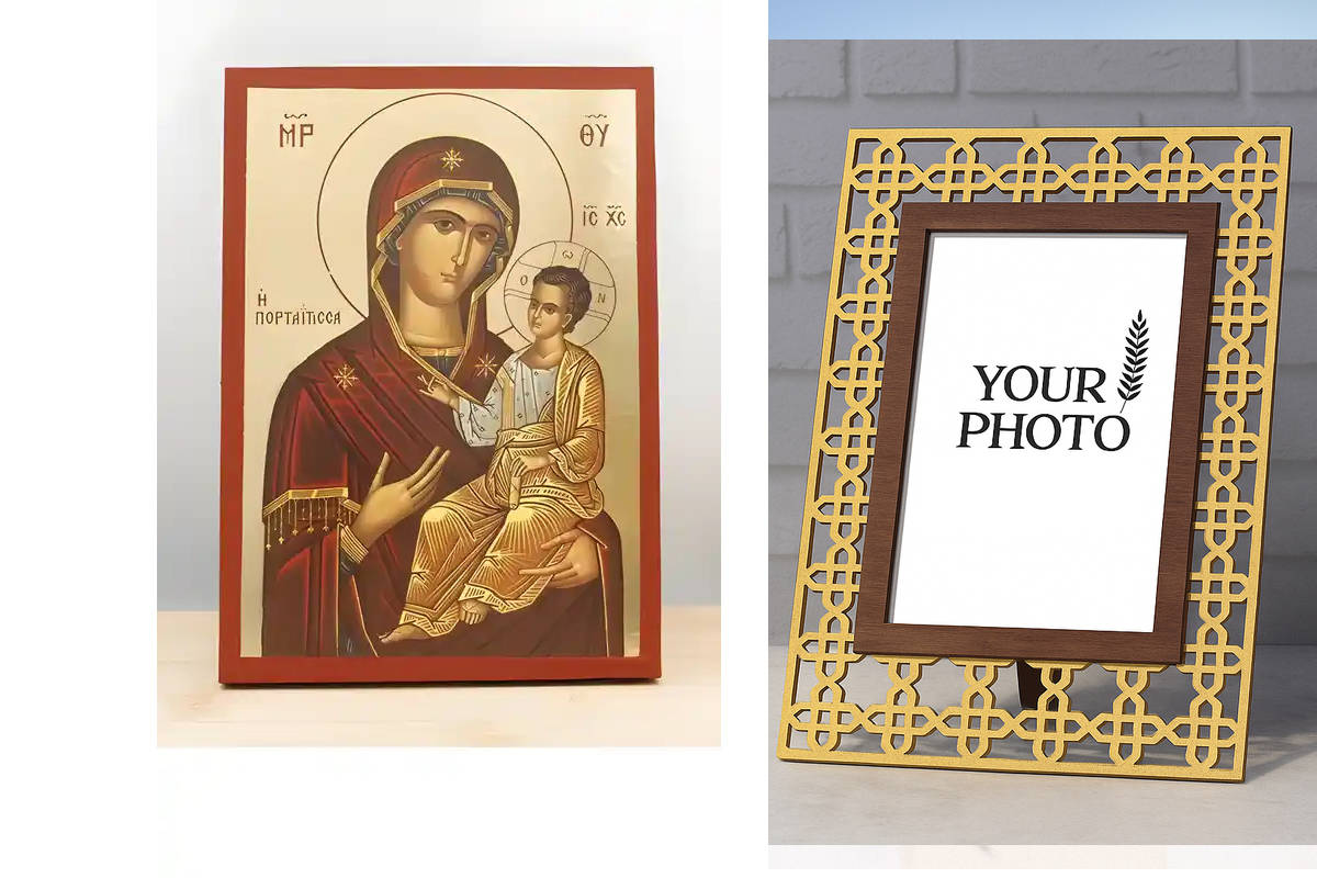 Εικόνα Ορθοδοξίας Πολυτελείας  με  σχεδιο Σταυρούς μαζι με  Βάση σε  8 χρώματα με περίγραμμα χρυσό σε ξύλο Plywood (Πλακάζ)   με  βάση Παναγία Οδηγήτρια «Πορταΐτισσα» με τον Ιησού, Ξύλινη Χειροποίητη Εικόνα με Φύλλο Χρυσού Ελληνικού Premium Βυζαντινού Στυ