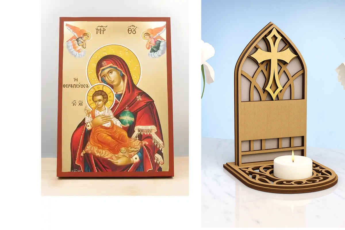 Εικόνα Ορθοδοξίας Καντηλάκι σε  8 χρώματα με περίγραμμα χρυσό σε ξύλο Plywood (Πλακάζ)   με  βάση Παναγία η Θεραπεύτρια «Θεραπούσα» με τον Ιησού, Ξύλινη Χειροποίητη Εικόνα με Ψηφιακή Εκτύπωση Ελληνικό Βυζαντινού ύφους Premium Κρεμασμένο σε Ξυλόπλακα Χειρο
