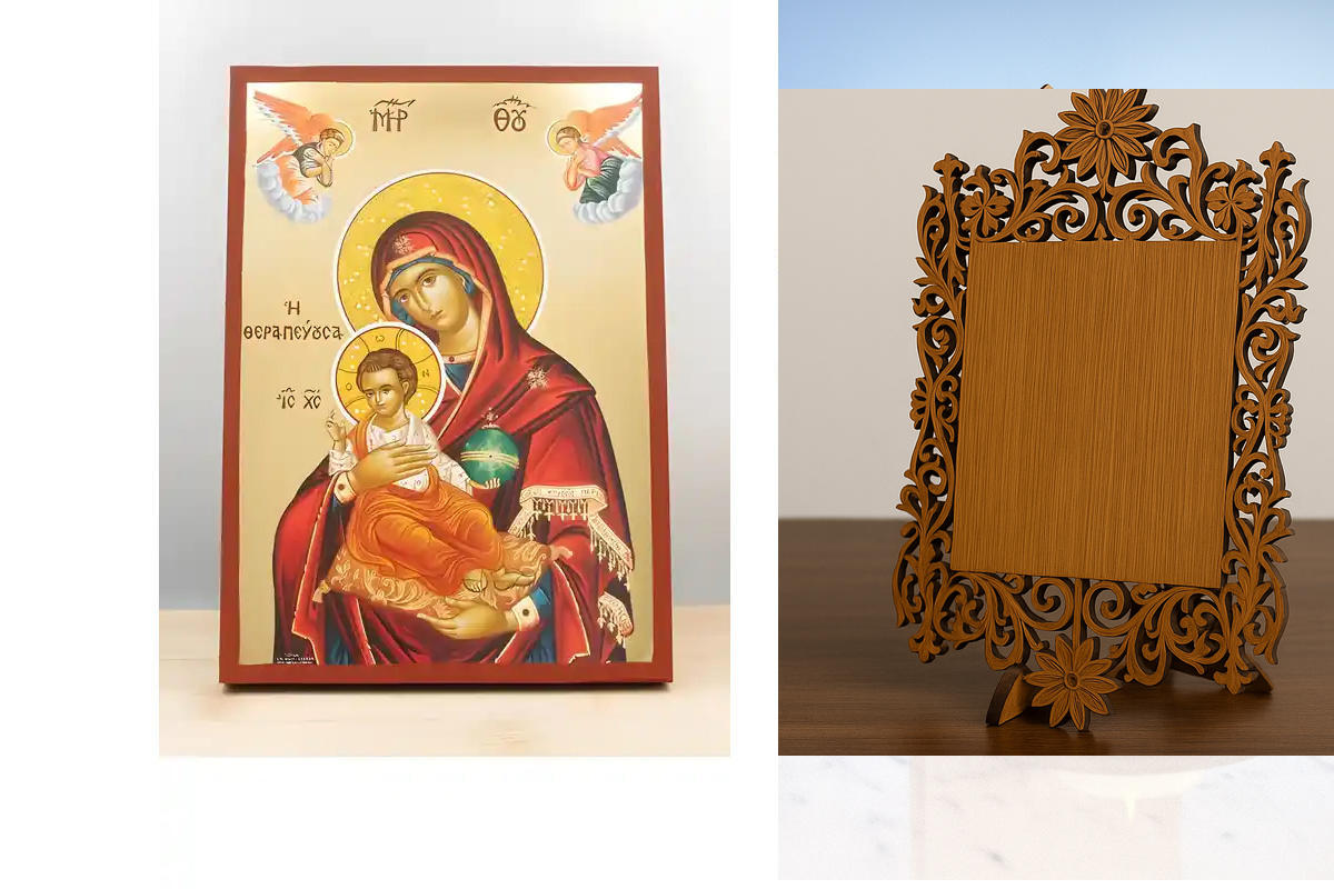 Σετ 2 τεμαχίων – Εικόνα Ορθοδοξίας Δαντέλα μαζι με  Βάση σε  8 χρώματα με περίγραμμα χρυσό σε ξύλο Plywood (Πλακάζ)   με  βάση Παναγία η Θεραπεύτρια «Θεραπούσα» με τον Ιησού, Ξύλινη Χειροποίητη Εικόνα με Ψηφιακή Εκτύπωση Ελληνικό Βυζαντινού ύφους Premium