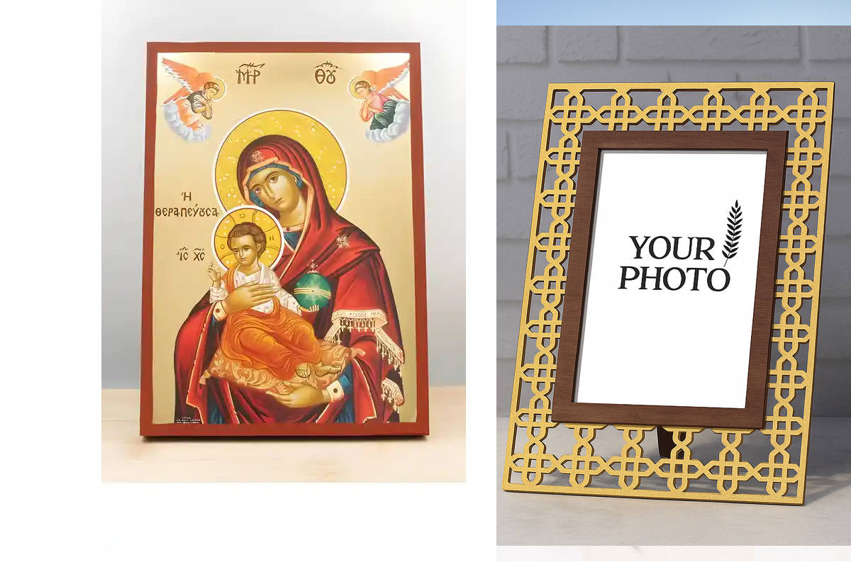 Εικόνα Ορθοδοξίας Πολυτελείας  με  σχεδιο Σταυρούς μαζι με  Βάση σε  8 χρώματα με περίγραμμα χρυσό σε ξύλο Plywood (Πλακάζ)   με  βάση Παναγία η Θεραπεύτρια «Θεραπούσα» με τον Ιησού, Ξύλινη Χειροποίητη Εικόνα με Ψηφιακή Εκτύπωση Ελληνικό Βυζαντινού ύφους