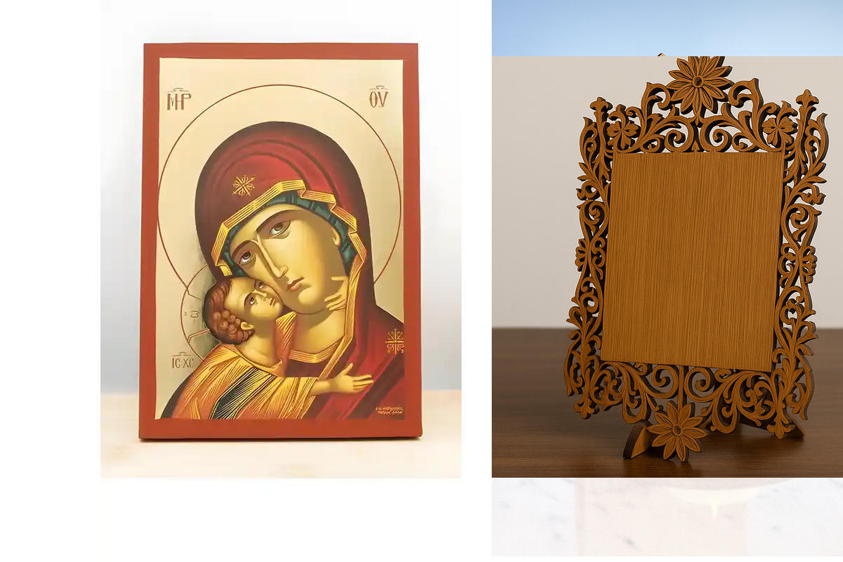 Εικόνα Ορθοδοξίας Δαντέλα μαζι με  Βάση σε  8 χρώματα με περίγραμμα χρυσό σε ξύλο Plywood (Πλακάζ)   με  βάση Παναγία με πορτρέτο του Ιησού, Ξύλινη χειροποίητη εικόνα με χρυσό φύλλο επιτοίχιας ελληνικής βυζαντινής τεχνοτροπίας Premium Χειροποίητη Ελληνορθ