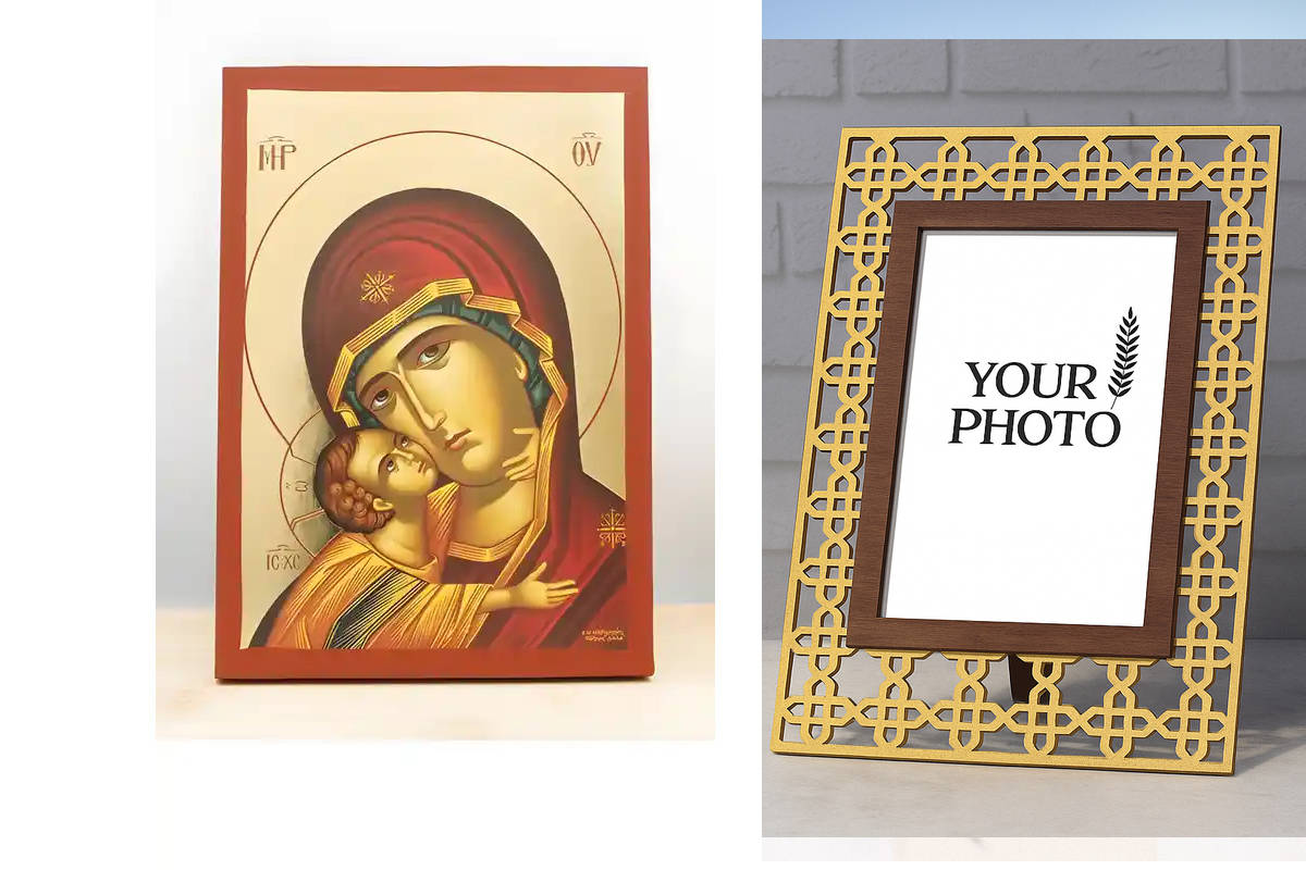 Εικόνα Ορθοδοξίας Πολυτελείας  με  σχεδιο Σταυρούς μαζι με  Βάση σε  8 χρώματα με περίγραμμα χρυσό σε ξύλο Plywood (Πλακάζ)   με  βάση Παναγία με πορτρέτο του Ιησού, Ξύλινη χειροποίητη εικόνα με χρυσό φύλλο επιτοίχιας ελληνικής βυζαντινής τεχνοτροπίας Pre