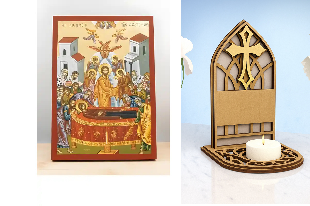 Εικόνα Ορθοδοξίας Καντηλάκι σε  8 χρώματα με περίγραμμα χρυσό σε ξύλο Plywood (Πλακάζ)   με  βάση Η Κοίμηση της Θεοτόκου με τον Ιησού, Ξύλινη Χειροποίητη Εικόνα με Ψηφιακή Εκτύπωση Ελληνικό Premium Βυζαντινού Στυλ Κρεμαστό τοίχου Θρησκευτικό Θέμα Χειροποί