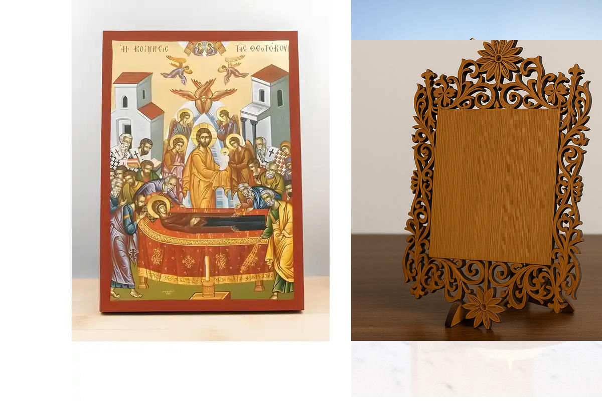 Σετ 2 τεμαχίων – Εικόνα Ορθοδοξίας Δαντέλα μαζι με  Βάση σε  8 χρώματα με περίγραμμα χρυσό σε ξύλο Plywood (Πλακάζ)   με  βάση Η Κοίμηση της Θεοτόκου με τον Ιησού, Ξύλινη Χειροποίητη Εικόνα με Ψηφιακή Εκτύπωση Ελληνικό Premium Βυζαντινού Στυλ Κρεμαστό τοί