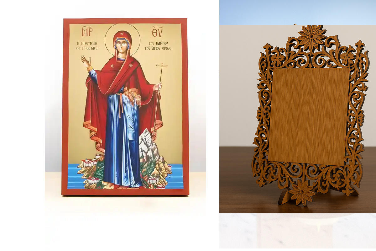 Εικόνα Ορθοδοξίας Δαντέλα μαζι με  Βάση σε  8 χρώματα με περίγραμμα χρυσό σε ξύλο Plywood (Πλακάζ)   με  βάση Παναγία η Προστάτιδα του Αγίου Όρους, Ξύλινη Χειροποίητη Εικόνα με Αλουμινόχαρτο Ελληνικού Βυζαντινού Στυλ επιτοίχιας υψηλής ποιότητας Χειροποίητ