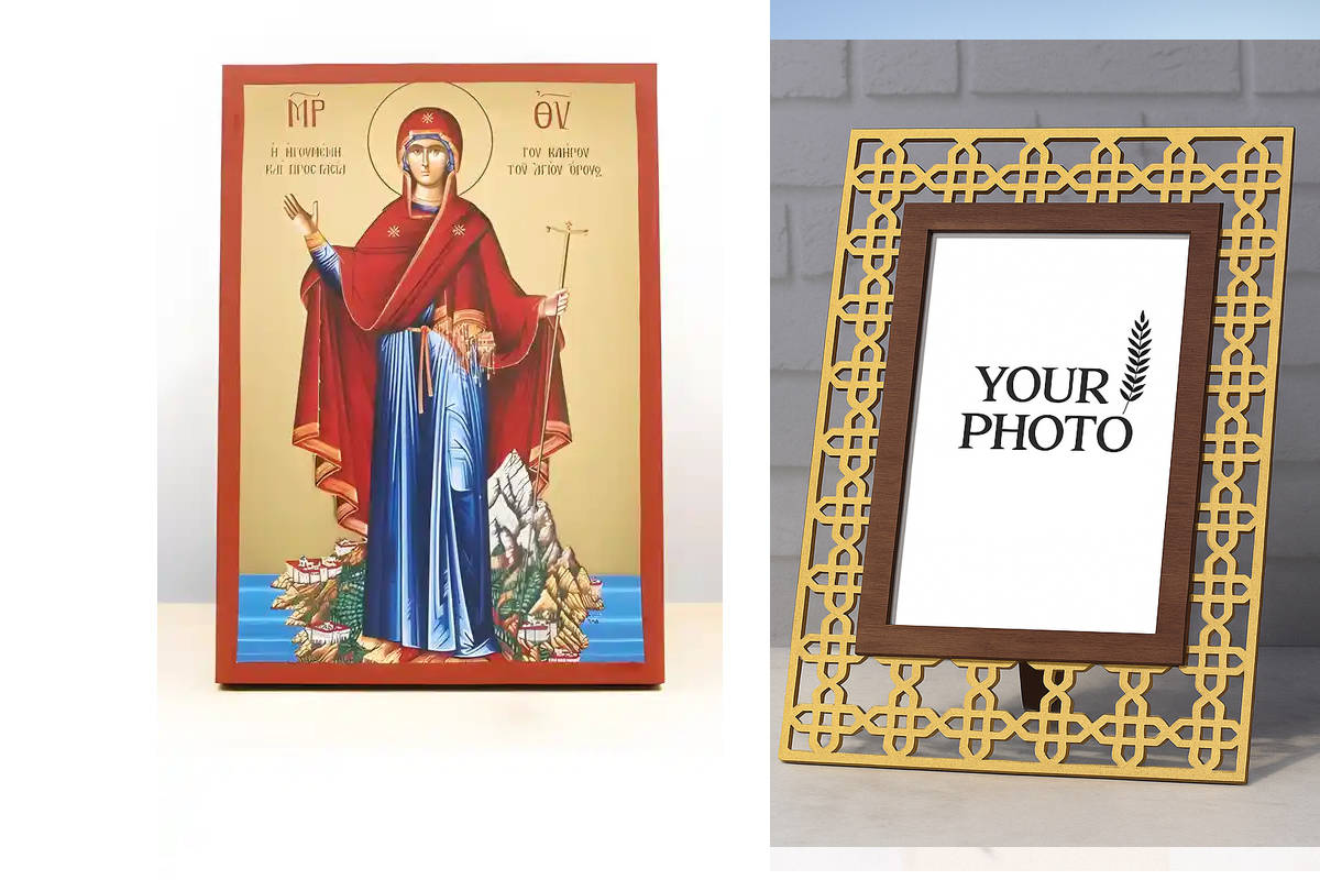 Εικόνα Ορθοδοξίας Πολυτελείας  με  σχεδιο Σταυρούς μαζι με  Βάση σε  8 χρώματα με περίγραμμα χρυσό σε ξύλο Plywood (Πλακάζ)   με  βάση Παναγία η Προστάτιδα του Αγίου Όρους, Ξύλινη Χειροποίητη Εικόνα με Αλουμινόχαρτο Ελληνικού Βυζαντινού Στυλ επιτοίχιας υψ