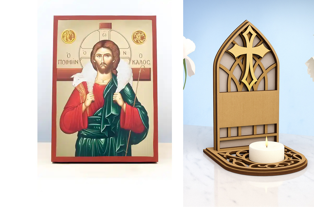 Εικόνα Ορθοδοξίας Καντηλάκι σε  8 χρώματα με περίγραμμα χρυσό σε ξύλο Plywood (Πλακάζ)   με  βάση Ιησούς Χριστός ο Καλός Ποιμένας, Ξύλινη Χειροποίητη Εικόνα με χρυσό φύλλο Ελληνικού Premium Βυζαντινού Στυλ Κρεμασμένο σε ξύλινη πλάκα Θρησκευτικό Θέμα Χειρο
