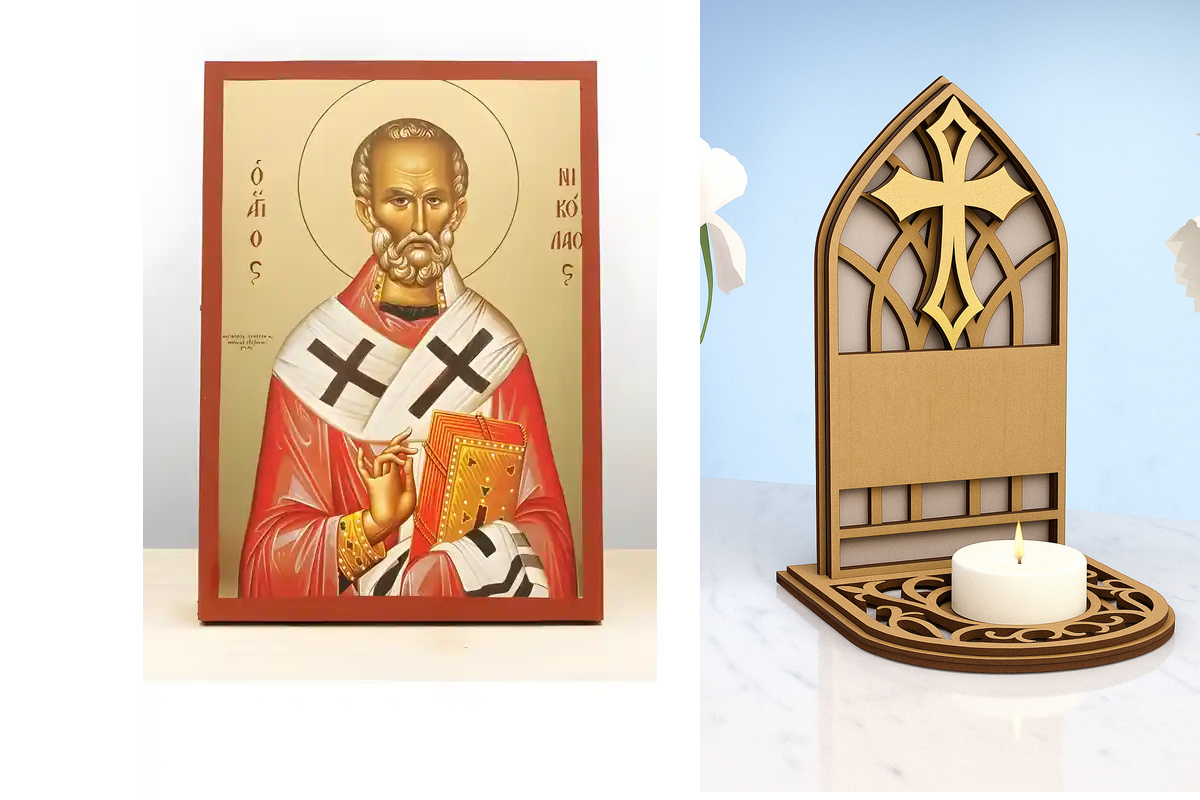 Εικόνα Ορθοδοξίας Καντηλάκι σε  8 χρώματα με περίγραμμα χρυσό σε ξύλο Plywood (Πλακάζ)   με  βάση Άγιος Νικόλαος των Μύρων, Ξύλινη Χειροποίητη Εικόνα με Φύλλο Χρυσού Θρησκευτικό Θέμα Ελληνικού Premium Βυζαντινού Στυλ Χειροποίητη Ελληνορθόδοξη εικόνα του Ι