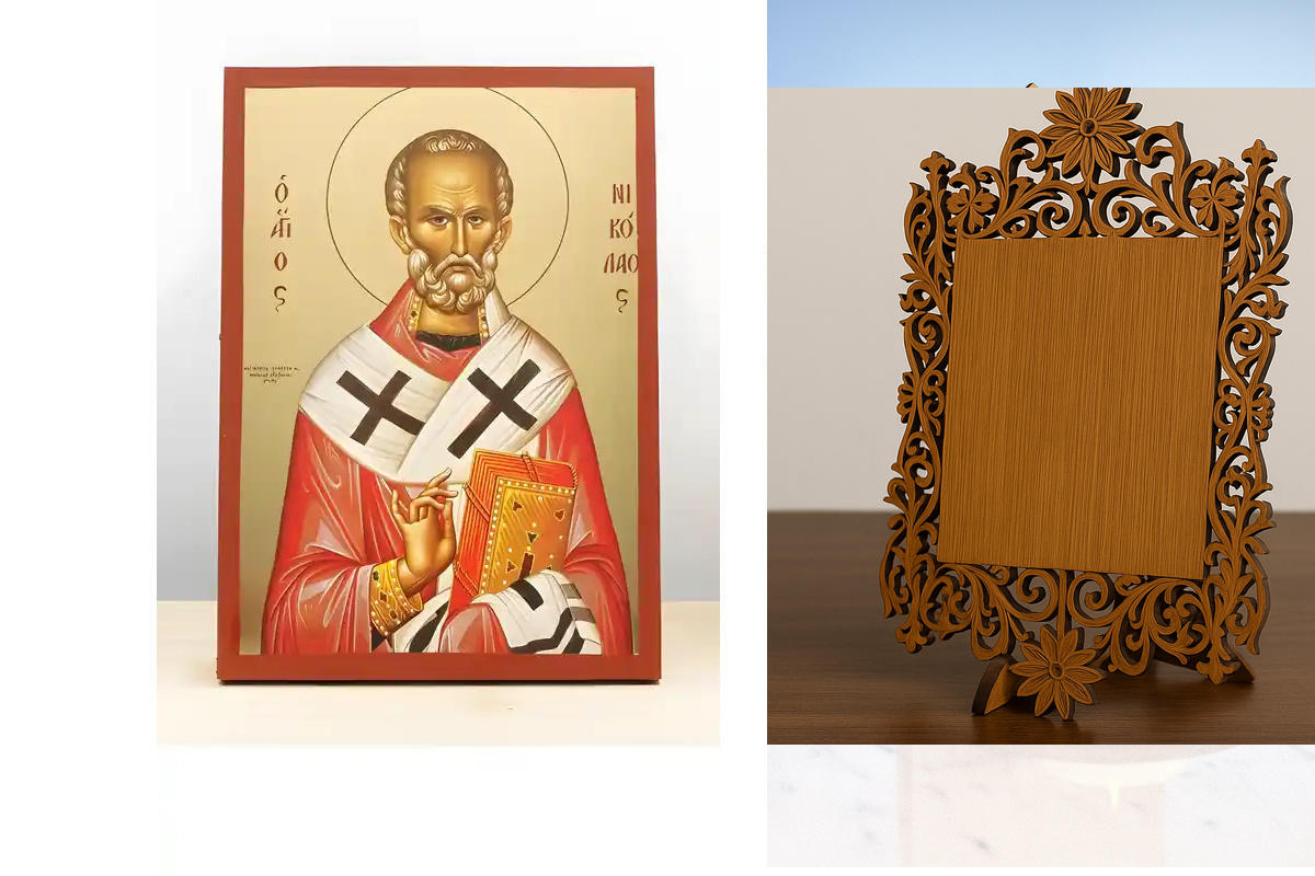 Εικόνα Ορθοδοξίας Δαντέλα μαζι με  Βάση σε  8 χρώματα με περίγραμμα χρυσό σε ξύλο Plywood (Πλακάζ)   με  βάση Άγιος Νικόλαος των Μύρων, Ξύλινη Χειροποίητη Εικόνα με Φύλλο Χρυσού Θρησκευτικό Θέμα Ελληνικού Premium Βυζαντινού Στυλ Χειροποίητη Ελληνορθόδοξη