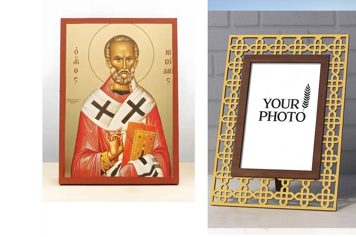 Εικόνα Ορθοδοξίας Πολυτελείας  με  σχεδιο Σταυρούς μαζι με  Βάση σε  8 χρώματα με περίγραμμα χρυσό σε ξύλο Plywood (Πλακάζ)   με  βάση Άγιος Νικόλαος των Μύρων, Ξύλινη Χειροποίητη Εικόνα με Φύλλο Χρυσού Θρησκευτικό Θέμα Ελληνικού Premium Βυζαντινού Στυλ Χ