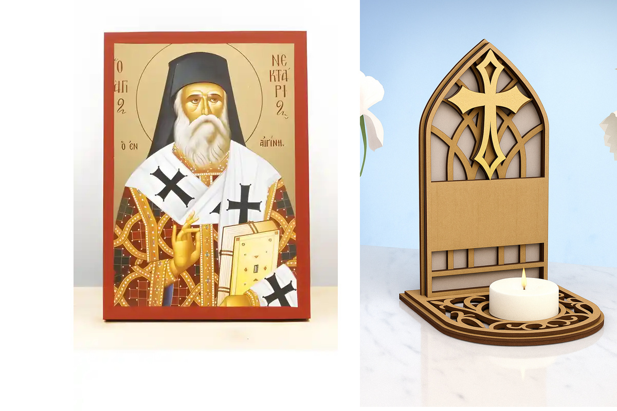 Εικόνα Ορθοδοξίας Καντηλάκι σε  8 χρώματα με περίγραμμα χρυσό σε ξύλο Plywood (Πλακάζ)   με  βάση Άγιος Νεκτάριος Αιγίνης, Ξύλινη Χειροποίητη Εικόνα με  ψηφιακή εκτύπωση Ελληνικό Premium Βυζαντινού Στυλ Κρεμαστό τοίχου Θρησκευτικό Θέμα Χειροποίητη Ελληνορ