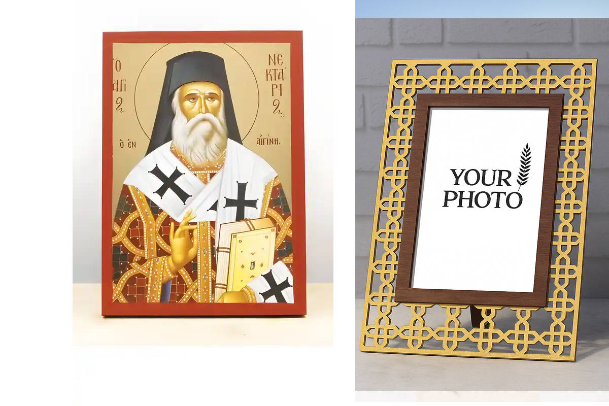 Εικόνα Ορθοδοξίας Πολυτελείας  με  σχεδιο Σταυρούς μαζι με  Βάση σε  8 χρώματα με περίγραμμα χρυσό σε ξύλο Plywood (Πλακάζ)   με  βάση Άγιος Νεκτάριος Αιγίνης, Ξύλινη Χειροποίητη Εικόνα με  ψηφιακή εκτύπωση Ελληνικό Premium Βυζαντινού Στυλ Κρεμαστό τοίχου