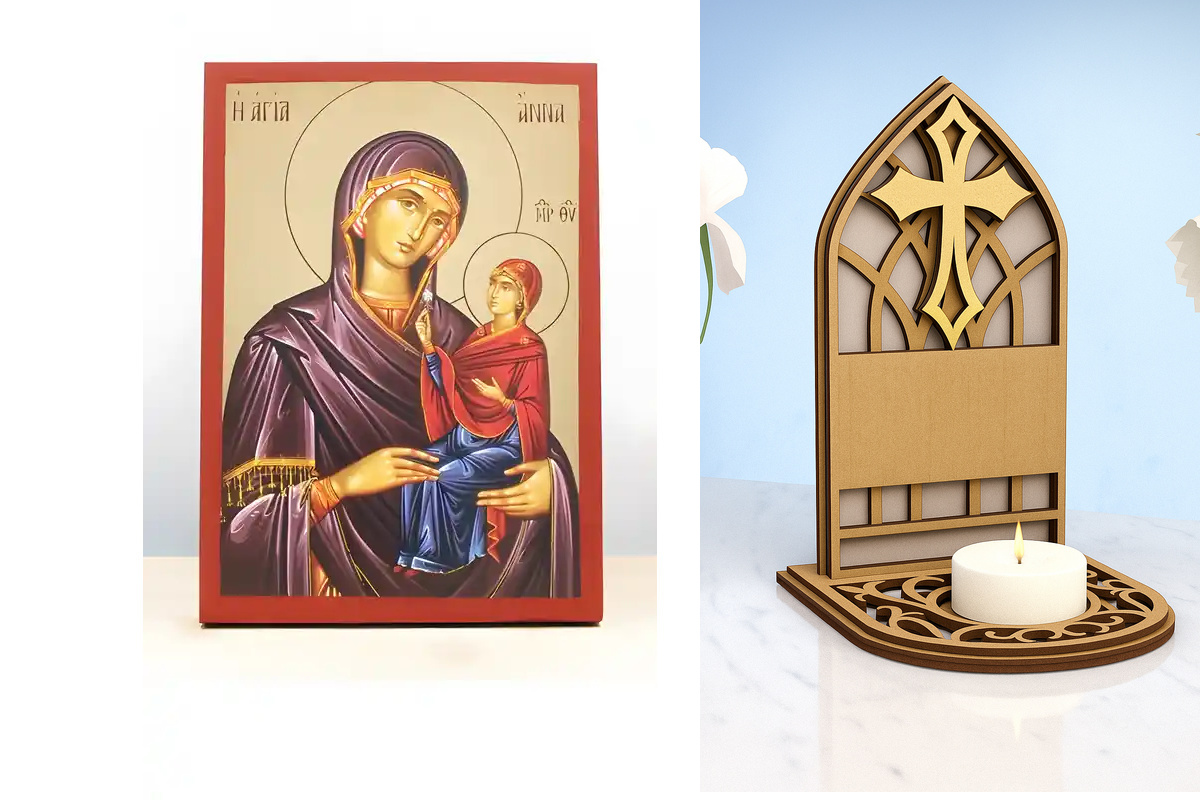 Εικόνα Ορθοδοξίας Καντηλάκι σε  8 χρώματα με περίγραμμα χρυσό σε ξύλο Plywood (Πλακάζ)   με  βάση Αγία Άννα με Παναγία, Ξύλινη Χειροποίητη Εικόνα με Ψηφιακή Εκτύπωση Ελληνικό Premium Βυζαντινό Στυλ Κρεμαστό τοίχου Θρησκευτικό Θέμα Χειροποίητη Ελληνορθόδοξ