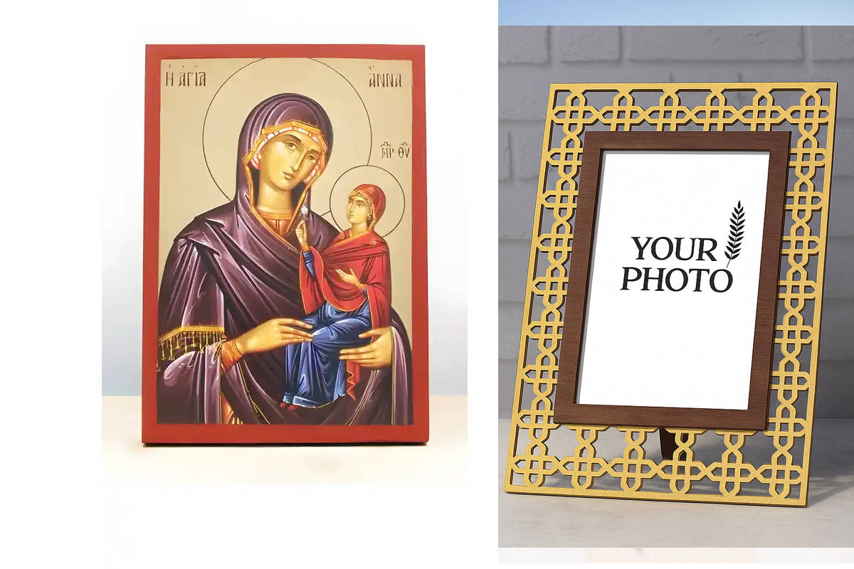 Εικόνα Ορθοδοξίας Πολυτελείας  με  σχεδιο Σταυρούς μαζι με  Βάση σε  8 χρώματα με περίγραμμα χρυσό σε ξύλο Plywood (Πλακάζ)   με  βάση Αγία Άννα με Παναγία, Ξύλινη Χειροποίητη Εικόνα με Ψηφιακή Εκτύπωση Ελληνικό Premium Βυζαντινό Στυλ Κρεμαστό τοίχου Θρησ