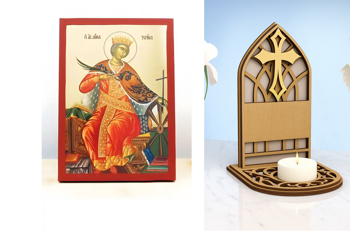 Εικόνα Ορθοδοξίας Καντηλάκι σε  8 χρώματα με περίγραμμα χρυσό σε ξύλο Plywood (Πλακάζ)   με  βάση Αγία Αικατερίνη της Αλεξάνδρειας, Ξύλινη Χειροποίητη Εικόνα με Χρυσό Φύλλο Ελληνικό Premium Βυζαντινού Στυλ Κρεμαστό στον τοίχο Θρησκευτικό Θέμα Χειροποίητη