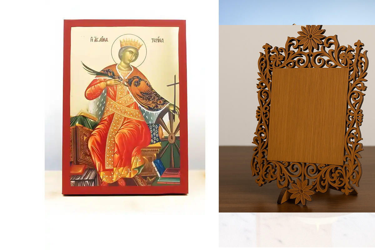 Σετ 2 τεμαχίων – Εικόνα Ορθοδοξίας Δαντέλα μαζι με  Βάση σε  8 χρώματα με περίγραμμα χρυσό σε ξύλο Plywood (Πλακάζ)   με  βάση Αγία Αικατερίνη της Αλεξάνδρειας, Ξύλινη Χειροποίητη Εικόνα με Χρυσό Φύλλο Ελληνικό Premium Βυζαντινού Στυλ Κρεμαστό στον τοίχο