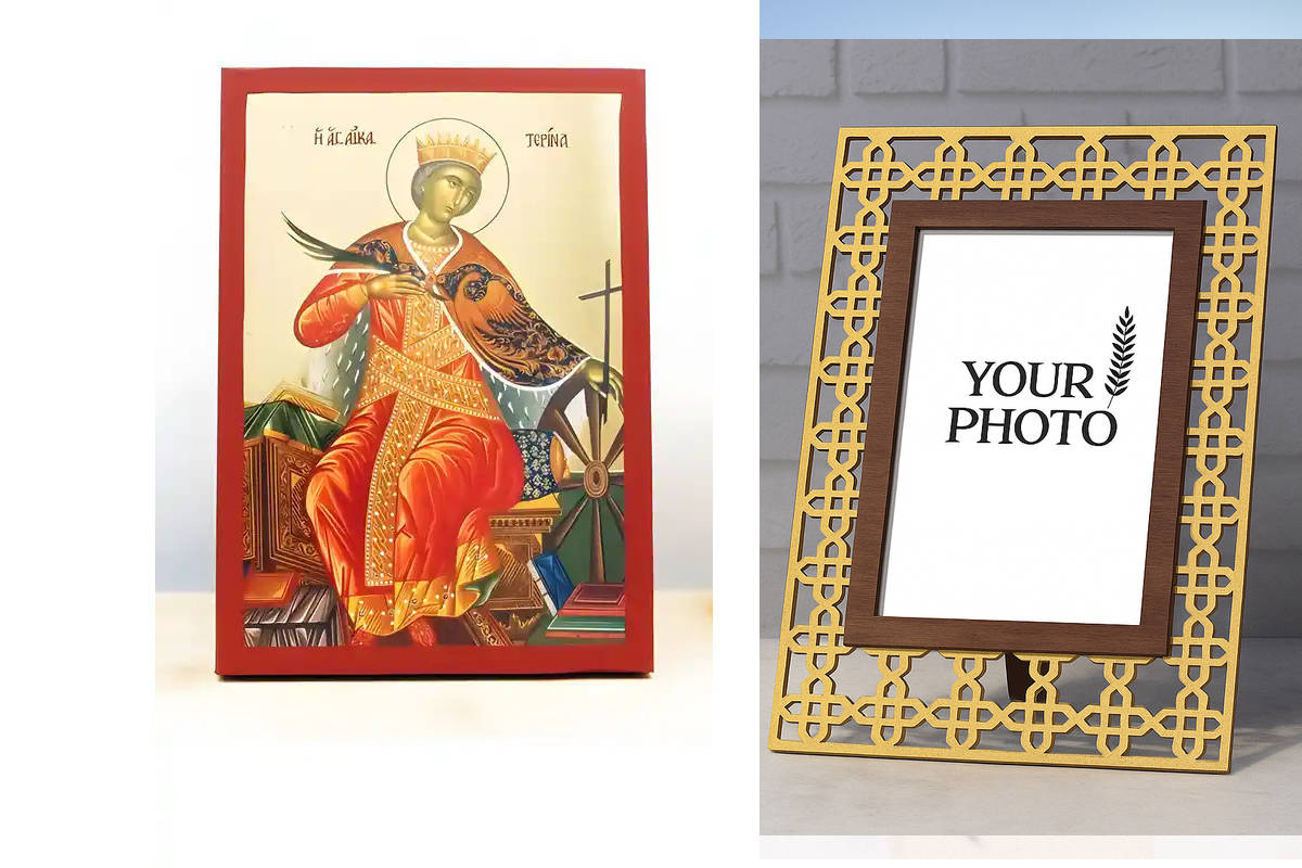 Εικόνα Ορθοδοξίας Πολυτελείας  με  σχεδιο Σταυρούς μαζι με  Βάση σε  8 χρώματα με περίγραμμα χρυσό σε ξύλο Plywood (Πλακάζ)   με  βάση Αγία Αικατερίνη της Αλεξάνδρειας, Ξύλινη Χειροποίητη Εικόνα με Χρυσό Φύλλο Ελληνικό Premium Βυζαντινού Στυλ Κρεμαστό στο